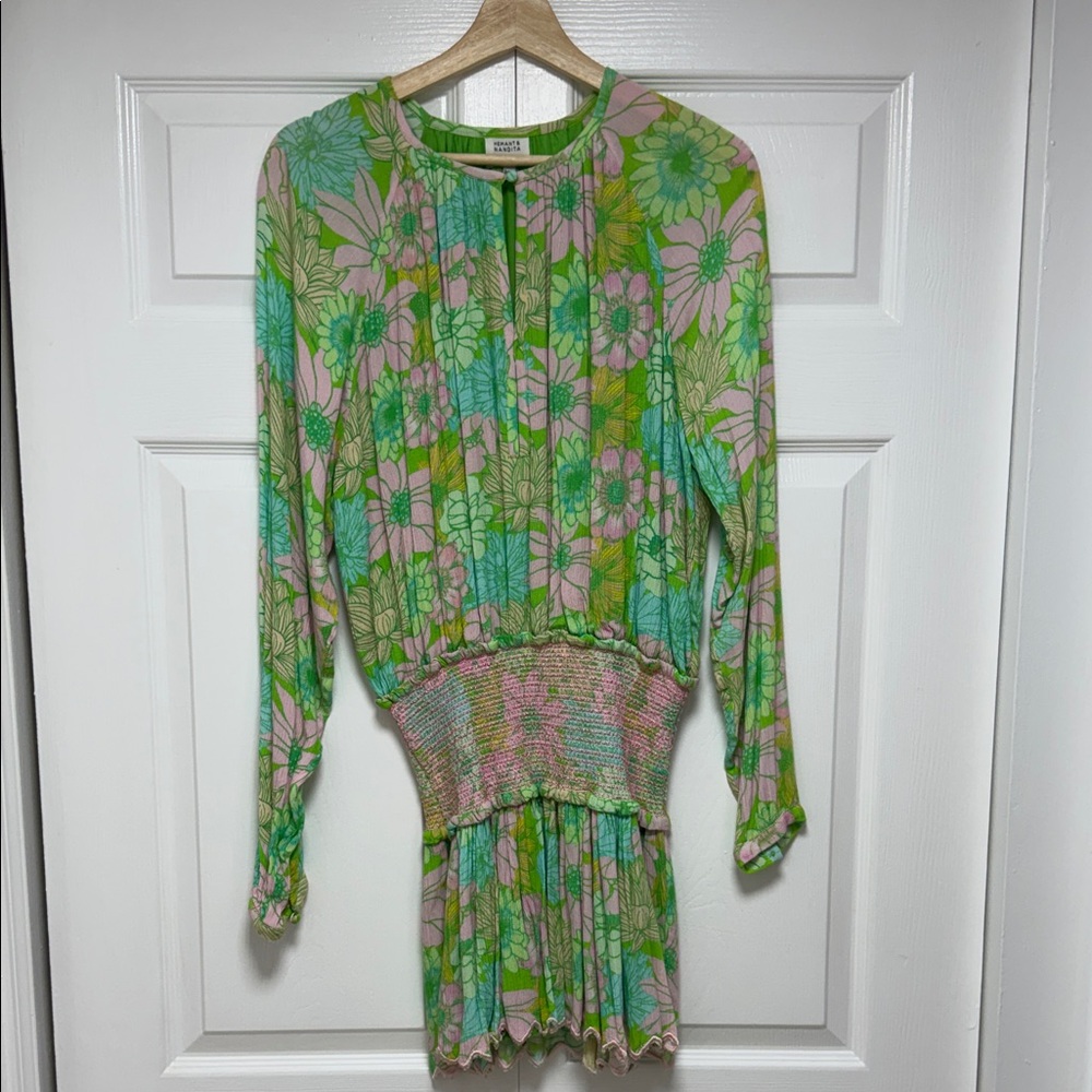 HEMANT & NANDITA Floral Smocked Mini Dress Boho Pink Green